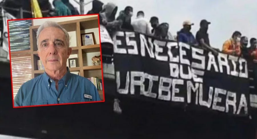 Álvaro Uribe y pancarta en Bogotá que pidió su muerte en la llegada de la minga indígena
