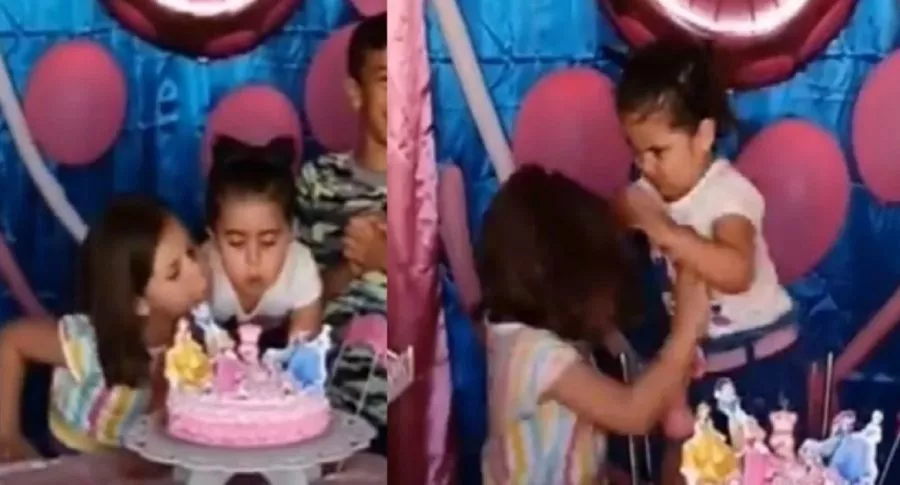 Captura de pantalla de la niña jala el pelo de hermana porque sopló vela de torta