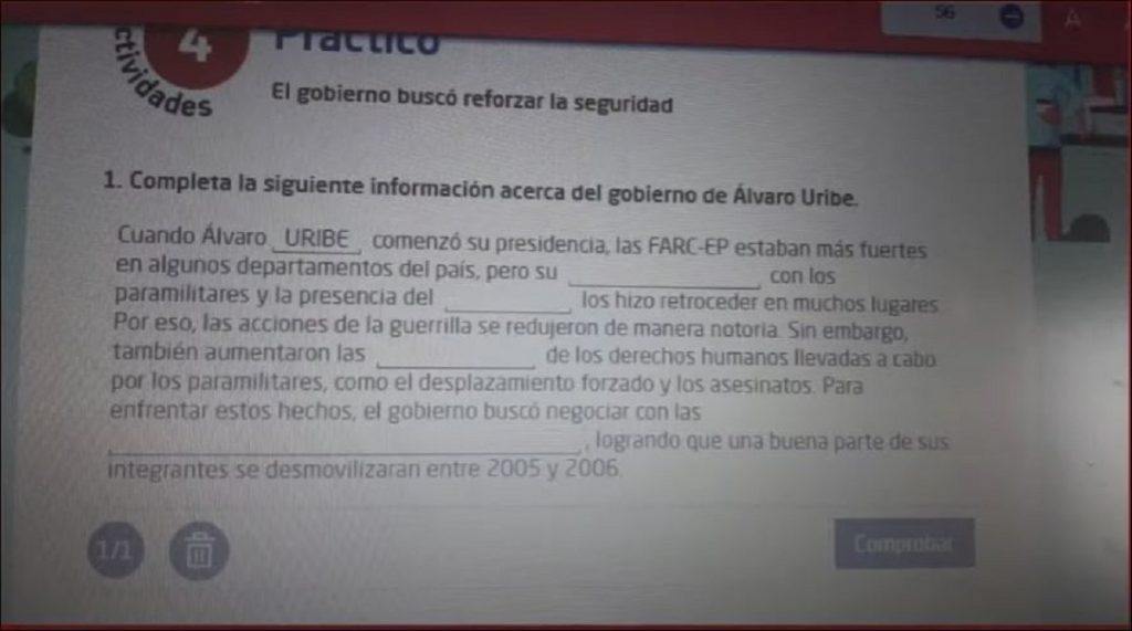 Cartilla de colegio sobre gobierno de Uribe – captura de video Semana Tv.