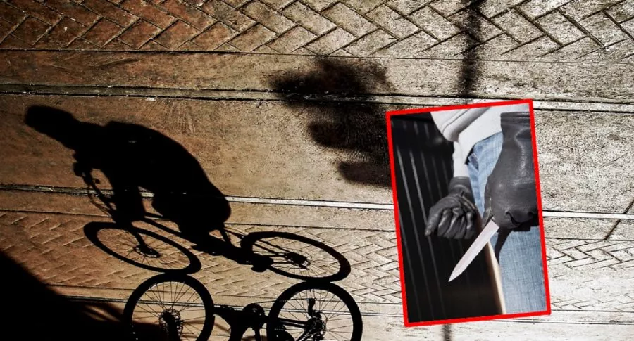 Fotomontaje de un ciclista y un atracador, a propósito del reciente caso de inseguridad en Bogotá. 