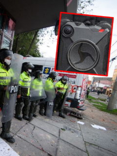 Fotomontaje con imágenes de los policías de Bogotá durante las protestas en la capital y una cámara corporal.