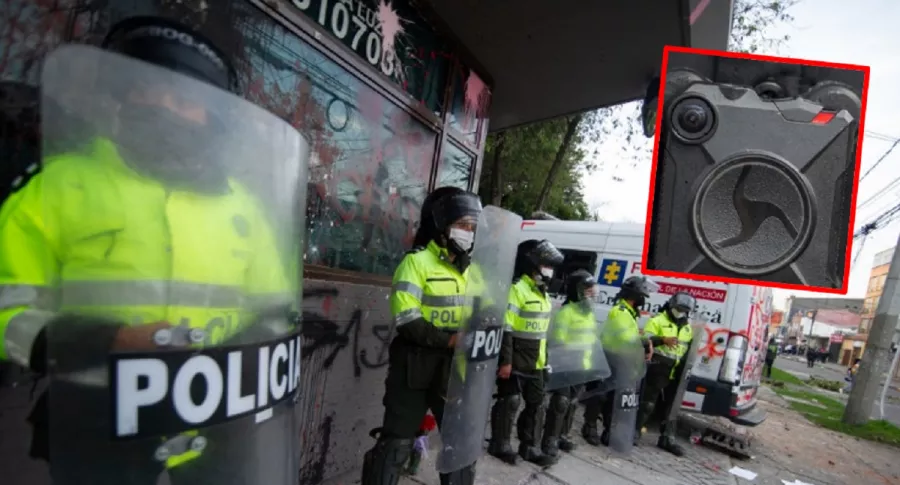 Fotomontaje con imágenes de los policías de Bogotá durante las protestas en la capital y una cámara corporal.