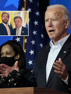 Fotomontaje de Joe Biden, Martín Santos y Juan Manuel Santos, a propósito de quienes chicanearon con fotos junto al presidente electo.