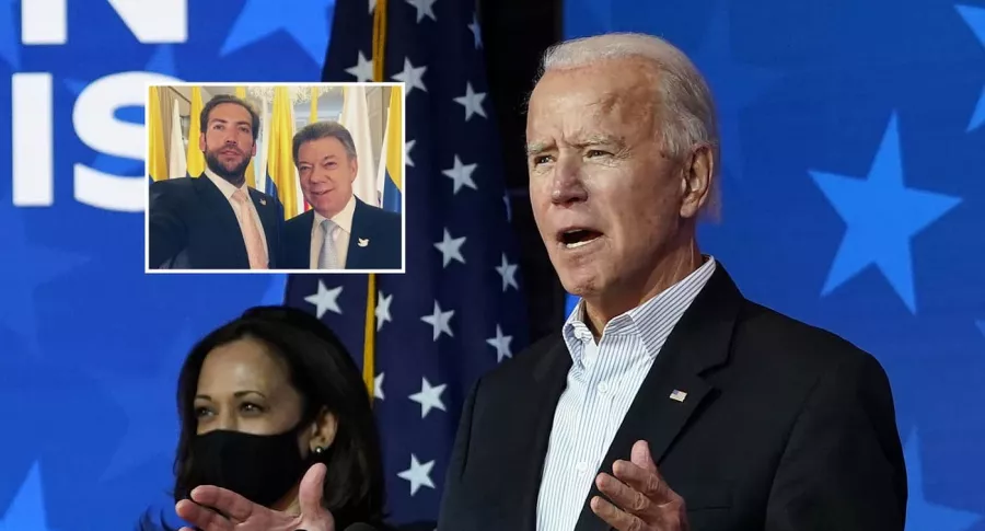 Fotomontaje de Joe Biden, Martín Santos y Juan Manuel Santos, a propósito de quienes chicanearon con fotos junto al presidente electo.