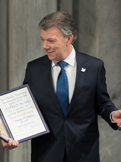 Juan Manuel Santos cuando recibió el Nobel de Paz en 2016.