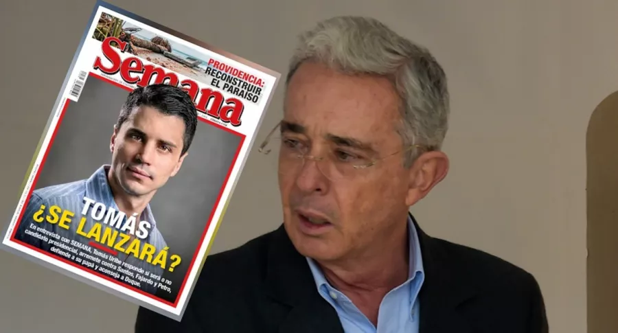 Foto de Álvaro Uribe con la portada de la revista Semana y su hijo Tomás Uribe
