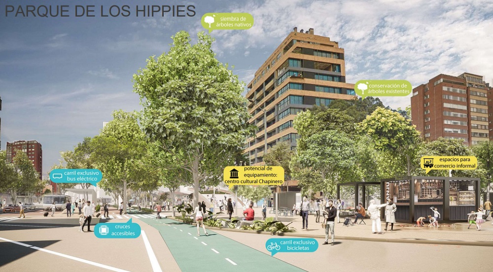 El Parque de los Hippies será uno de los puntos que será atravesado por el carril exclusivo de buses eléctricos, tan criticado recientemente / Alcaldía de Bogotá. 
