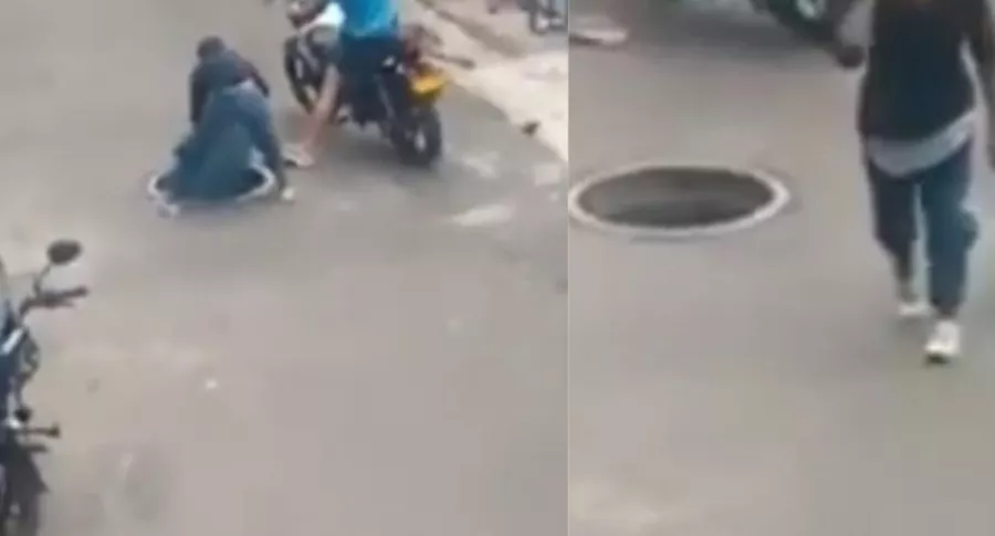 En video quedó registrado el momento en que un ladrón resulta lastimado en Medellín al tratar de robar la tapa de una alcantarilla. 