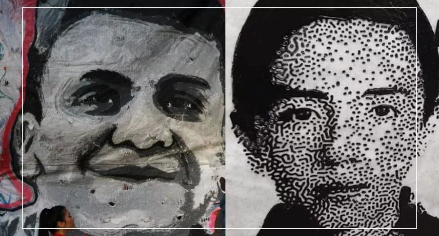Mural con el rostro de Dilan Cruz y Cartel con el rostro de Nicolás Neira