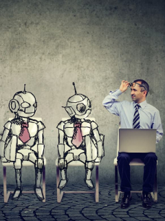 Hombre compitiendo con robots para puesto de trabajo para ilustrar nota sobre profesiones que podrían desaparecer por la inteligencia artificial