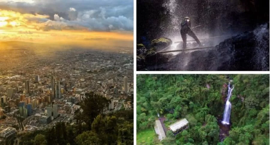 Puesta de sol en Bogotá, Colombia y cascada La Chorrera, en Choachí, Cundinamarca, planes de ecoturismo y aventura que se pueden hacer en Bogotá y alrededores.