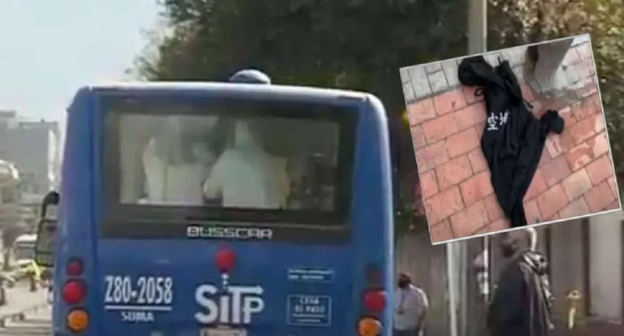 Imagen de la chaqueta y del bus del SITP en donde un ladrón asesinó a Wilfrido Murcia, un vigilante de 54 años que se opuso al atraco