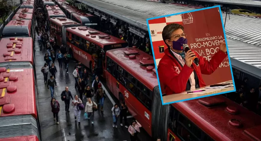 Fotomontaje que ilustra los retrasos en Transmilenio y la promesa de Claudia López para que los buses lleguen a tiempo. 