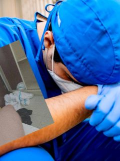 Enfermero con manos en las piernas y la cara tapada, ilustra nota de enfermero que tuvo sexo con paciente de coronavirus en hospital