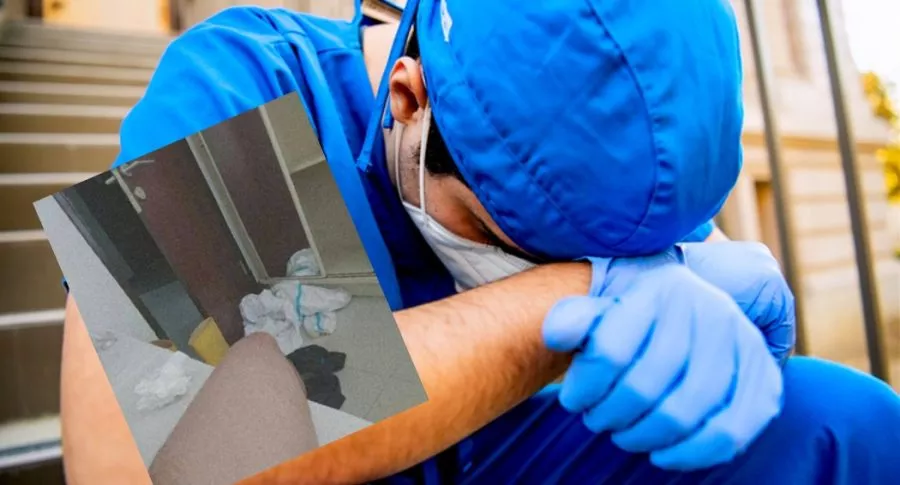 Enfermero con manos en las piernas y la cara tapada, ilustra nota de enfermero que tuvo sexo con paciente de coronavirus en hospital