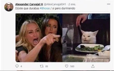 Incluso, el famoso meme de la mujer exaltada y el gato malvado tuvo que ver con la escandalosa publicación de Esteban / Tomada de la cuenta de Twitter @AlexCarvajal041.
