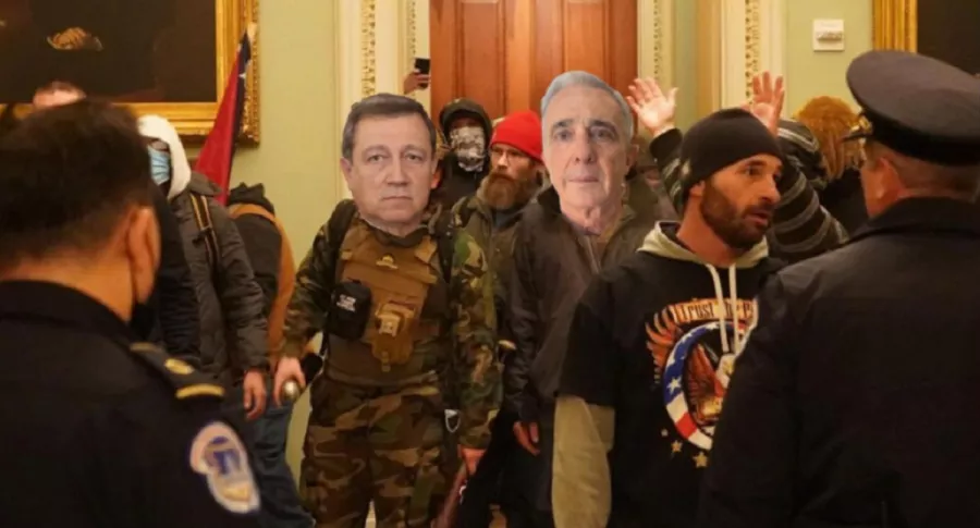 Fotomontaje de Daniel Samper, en el que se ve al expresidente Álvaro Uribe y al senador Ernesto Macías en el Capitolio de EE.UU.