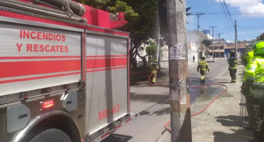 Momento en que bomberos controlan las llamas que alcanzaron varios árboles en Fontibón