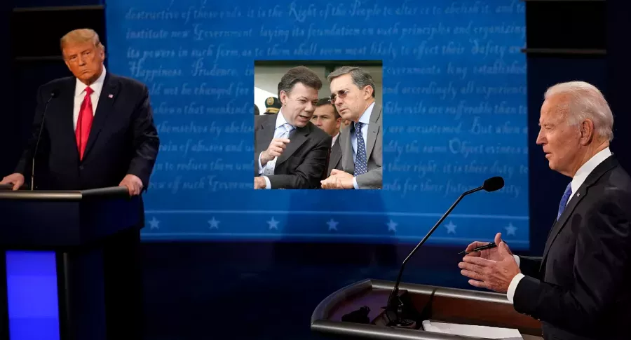 Donald Trump, Juan Manuel Santos, Álvaro Uribe y Joe Biden, ilustran nota sobre si pelea de Trump con Biden, en EE. UU., es como la de Uribe con Santos, en Colombia (fotomontaje Pulzo).
