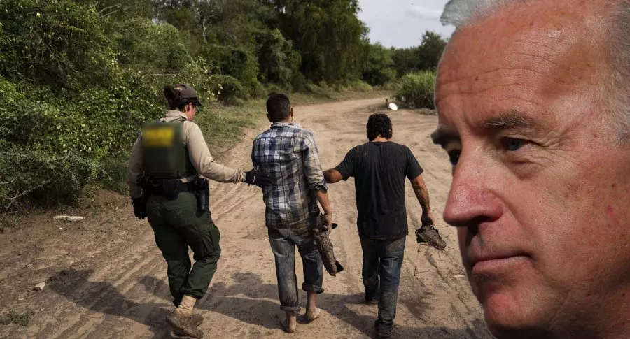 Montaje fotográfico de inmigrantes ilegales detenido en Estados Unidos y el rostro de Joe Biden.