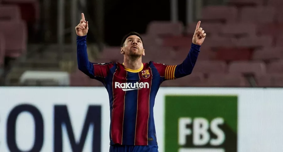 El futbolista argentino Lionel Messi, que anunció acciones legales contra quienes filtraron su contrato con FC Barcelona, celebra su gol contra el Athetic de Bilbao en Liga de España el 31 de enero de 2021.