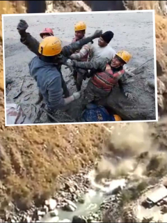 Rescate de uno de los damnificados por la avalancha en India, causada por rotura de glaciar en el Himalaya, la cual deja hasta ahora 14 muertos y 150 desaparecidos.