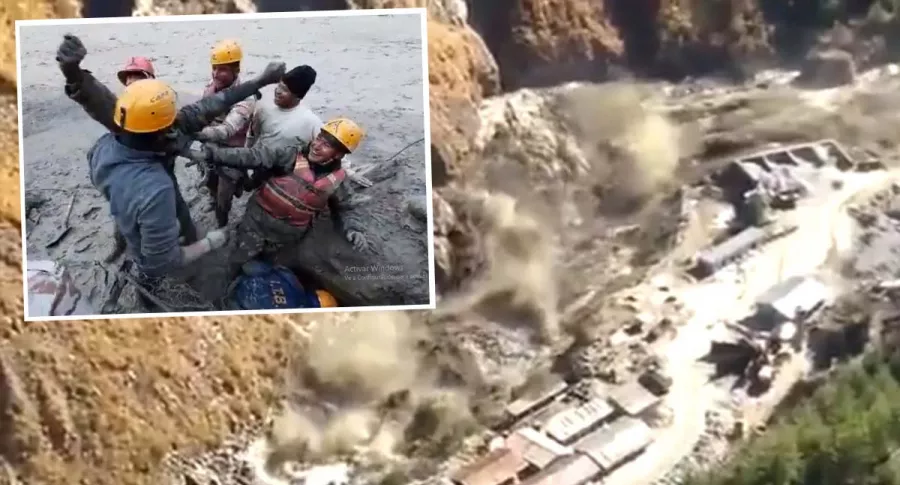 Rescate de uno de los damnificados por la avalancha en India, causada por rotura de glaciar en el Himalaya, la cual deja hasta ahora 14 muertos y 150 desaparecidos.