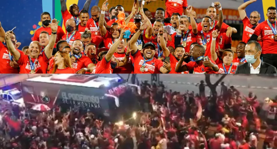 Hinchas de Independiente Medellín en las calles de la ciudad luego de ser campeones de la Copa BetPlay.