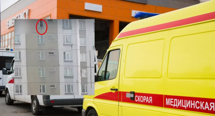 Ambulancia en Rusia y captura de pantalla de video de joven rusa que cayó desde un piso 16