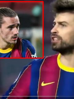Gerard Piqué discutiendo con Antoine Griezmann durante el partido Barcelona vs PSG de Champions League