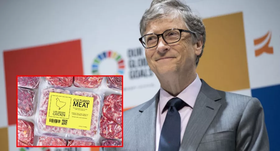 Bill Gates da discurso y carne sintético, ilustran nota de propuesta de Bill Gates a países ricos de pasar a comer solo carne sintética