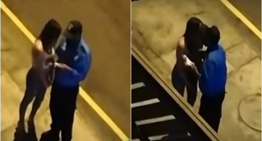 Capturas de pantalla de video viral en Perú de policía iba a multar a mujer pero terminó besándola
