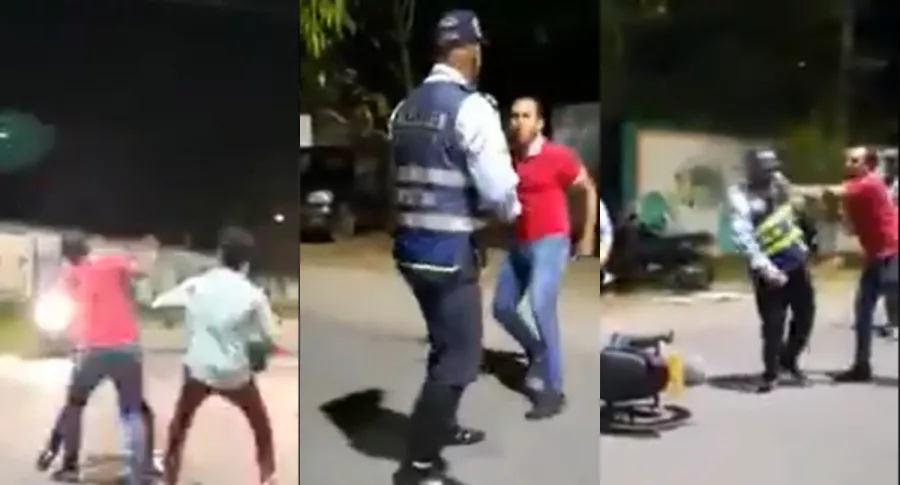 Hombres golpean a Policías en Barrancabermeja con un ladrillo.