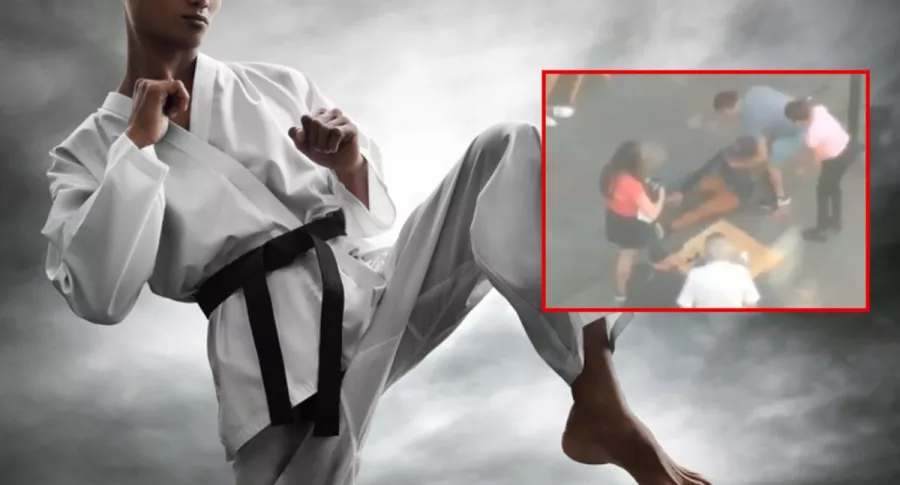 Karateca con cinturón negro y captura de pantalla de video viral en Argentina en que hombre atrapó a ladrón que acababa de robar