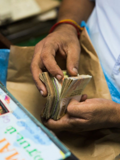 Hombre con fajo de billetes de rupias de India, ilustra nota de video de termitas que se comen los ahorros de toda la vida de granjero indio