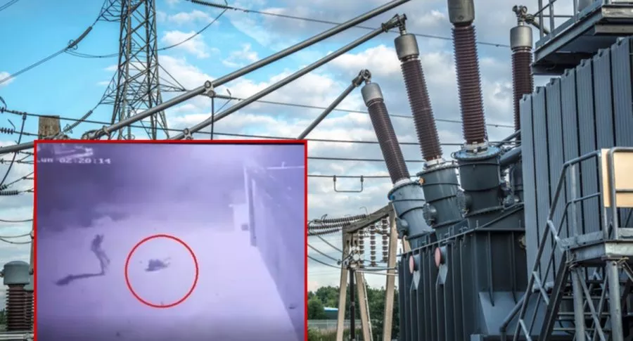 Planta eléctrica y captura de pantalla de video de ladrón que recibe brutal descarga eléctrica al intentar robar planta de energía