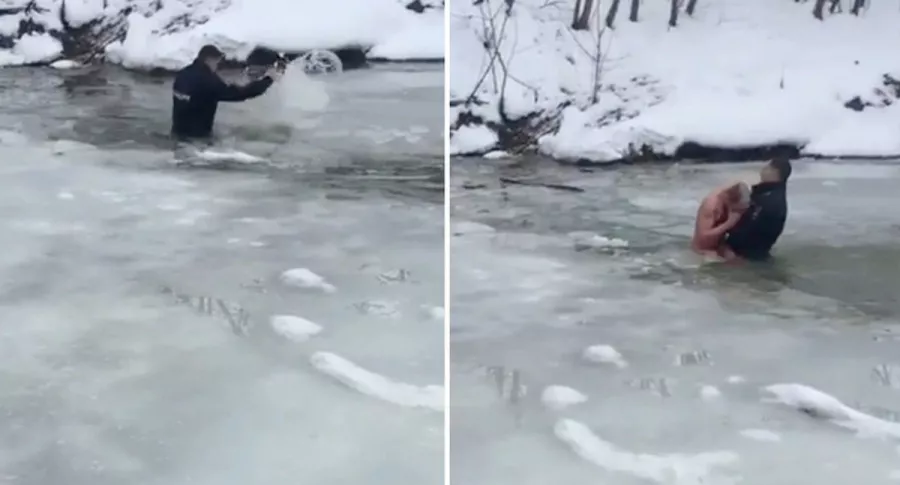 Capturas de pantalla de video viral en Rusia de policía que se lanza a río congelado y salva a joven tras romper hielo con sus propias manos