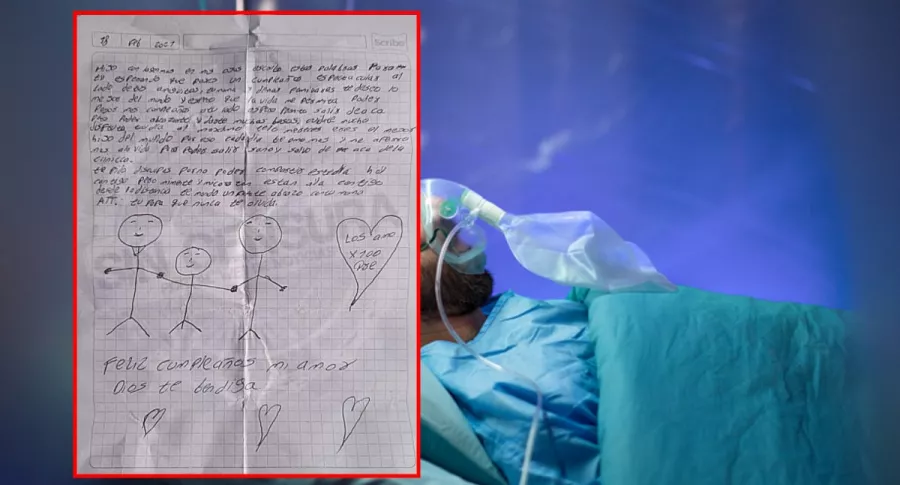 Hombre hospitalizado y captura de pantalla de carta de ingeniero colombiano a su hijo antes de morir por coronavirus