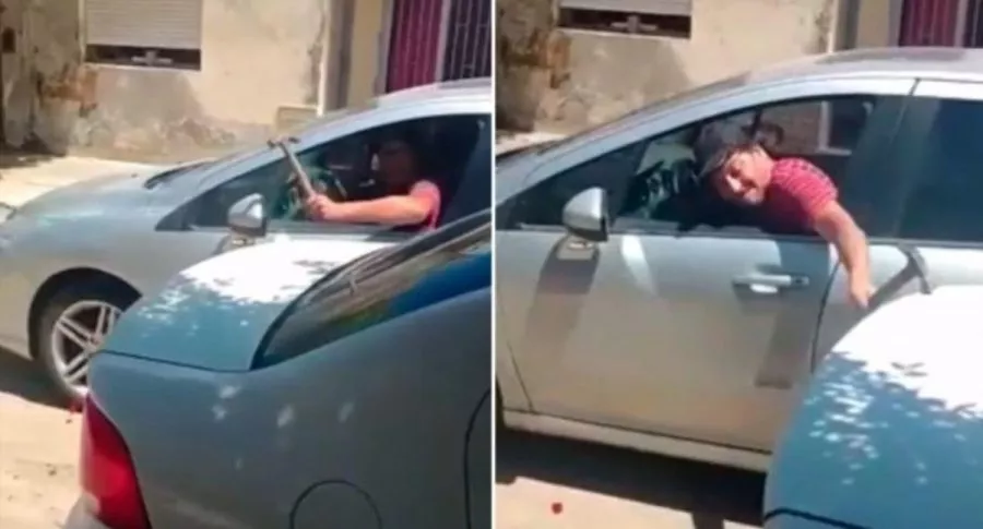 Capturas de pantalla de desaforado hombre en Argentina que rompe a martillazos el carro de su ex después de agredirla a ella