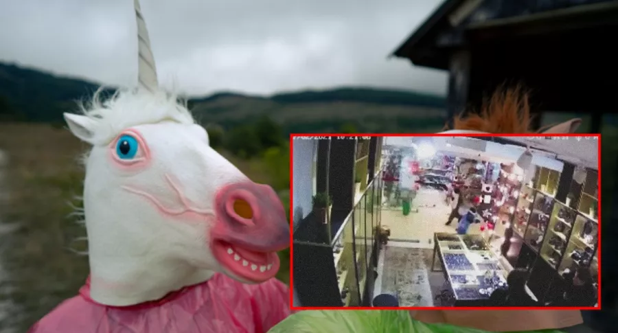 Hombre con máscara de unicornio, ilustra nota de video de jóvenes disfrazados de unicornios que ingresan a joyería a robar, en Rusia