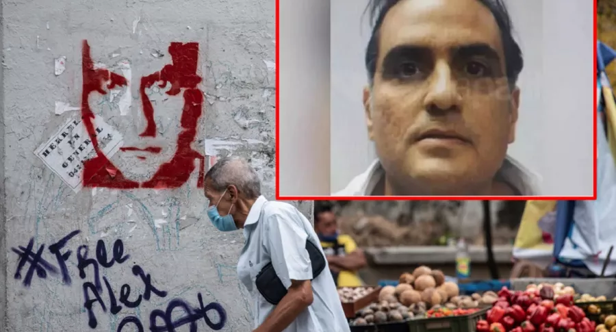 Foto de Álex Saab sobre imagen de grafiti en muro en calle de Venezuela que pide su libertad.