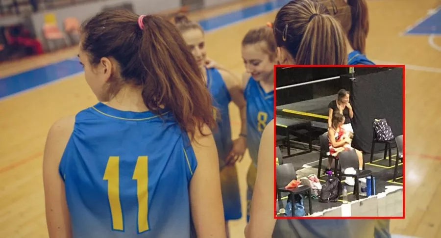 Grupo de basquetbolistas mujeres y captura de pantalla de atleta argentina que amamantó a su bebé en entretiempo de partido