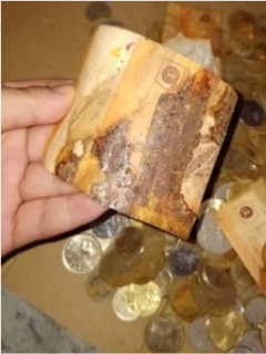 Capturas de pantalla de ahorros perdidos de mujer que guardó monedas con billetes en Malasia