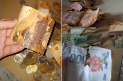 Capturas de pantalla de ahorros perdidos de mujer que guardó monedas con billetes en Malasia