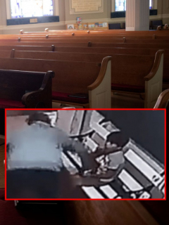 Bancas dentro de iglesia y captura de pantalla de video de ladrón que se metió a iglesia de Argentina y le robó celular a un niño