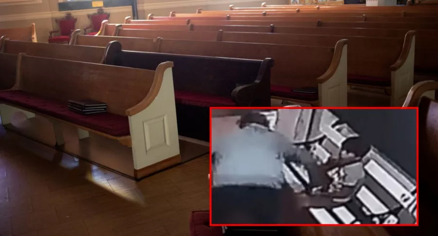 Bancas dentro de iglesia y captura de pantalla de video de ladrón que se metió a iglesia de Argentina y le robó celular a un niño