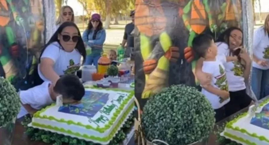 Capturas de pantalla de video viral de niño que explota y golpea a su tía por broma con pastel de cumpleaños