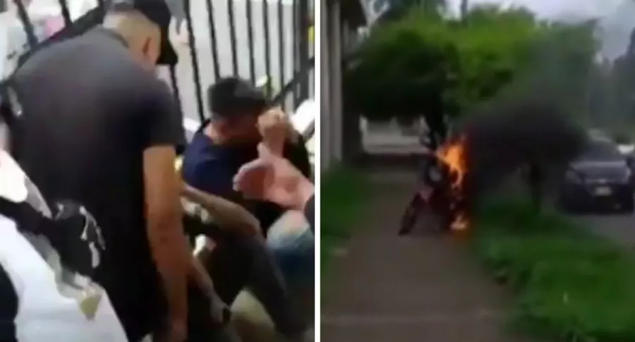Comunidad en Cali golpeando a presuntos ladrones venezolanos, a los que también les quemaron la moto