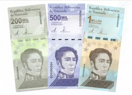 El Banco Central de Venezuela anunció la incorporación de los billetes equivalentes a 200.000, 500.000 y un millón de bolívares / Imagen tomada del Banco Central de Venezuela. 
