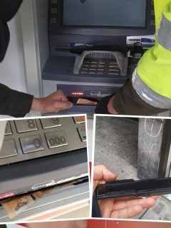 Montaje de Pulzo con fotos de cajero automático, en centro de Bogotá, donde roban a clientes pegando una placa metálica (recuadro a la derecha) para retener el dinero (recuadro a la izquierda).